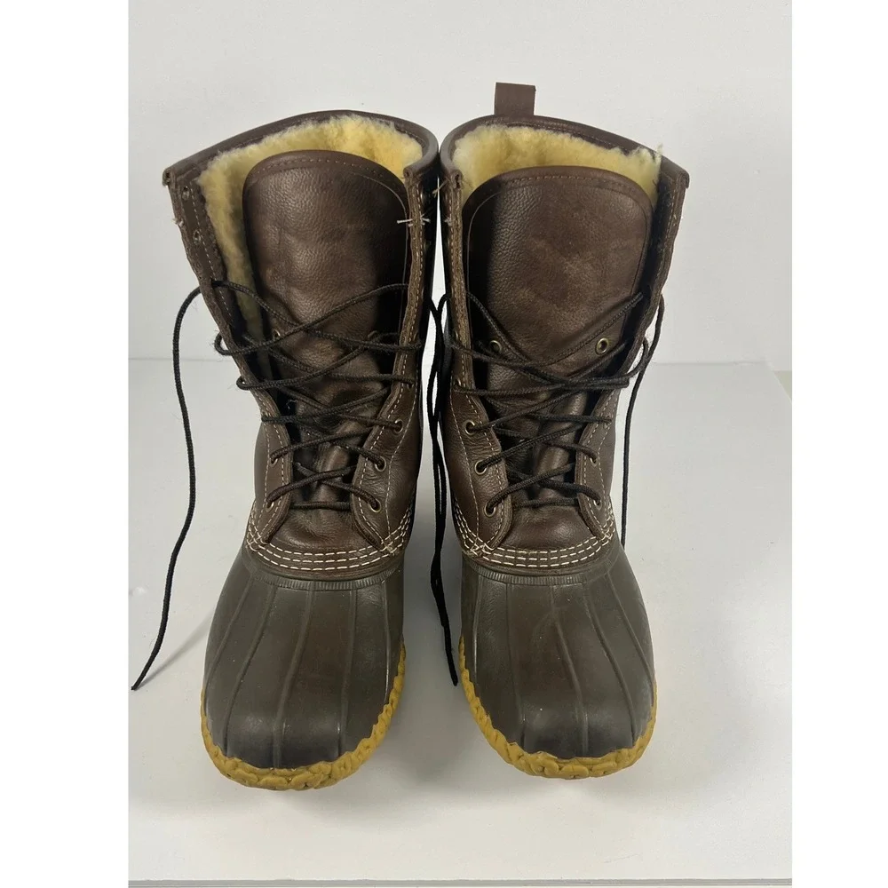 LL Bean Shearling Lined Bean Boots Mens 10M Brown Leather Duck Boots 1003580 USA
